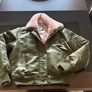 GAP Olive Bomber Jacket with Soft Pink faux fur collar